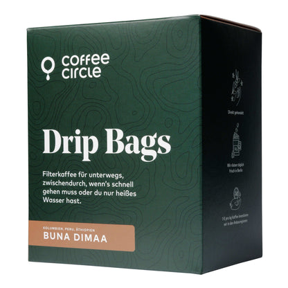 Coffee Circle Buna Dimaa Tropfbeutel in einer grünen Box – der perfekte Kaffee zum Mitnehmen.
