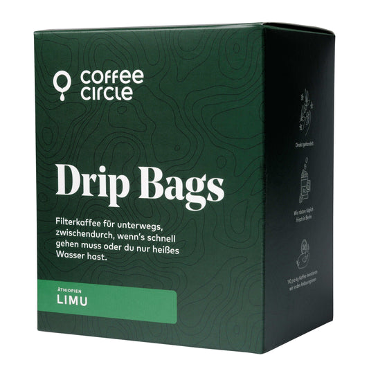 Eine grüne Box mit der Aufschrift „Coffee Circle“ enthält LIMU-Tropfbeutel für Kaffee zum Mitnehmen, abgebildet auf weißem Hintergrund.